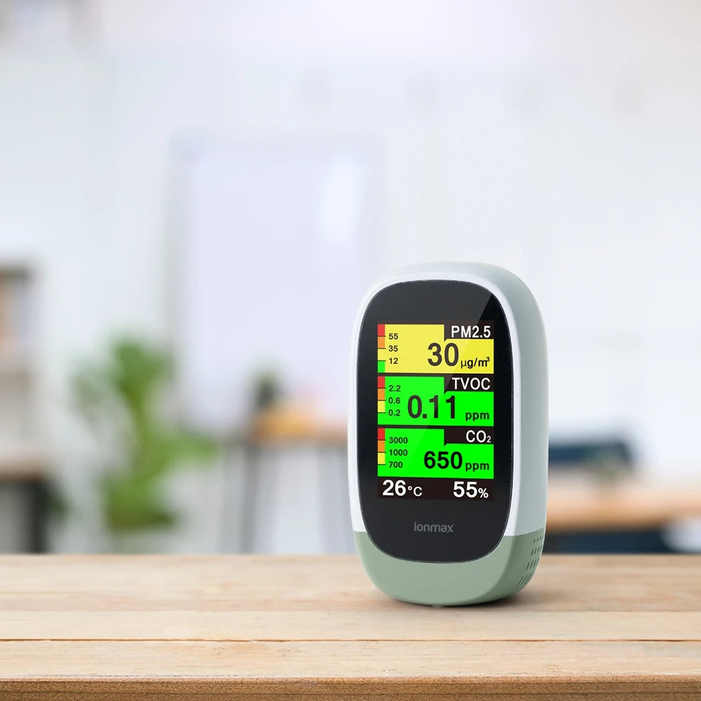 Ionmax Q10 PM2.5 Co2 TVOC Air Quality Monitor on table