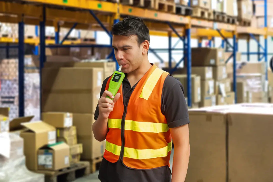 A warehouse worker wearing a safety vest stands in a storage facility, blowing into a handheld Andatech Vanguard professional breathalyzer