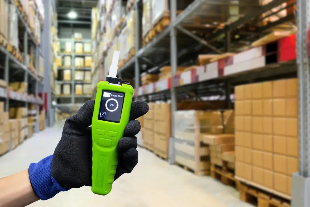 Person holding the Andatech Vanguard breathalyzer in a warehouse setting